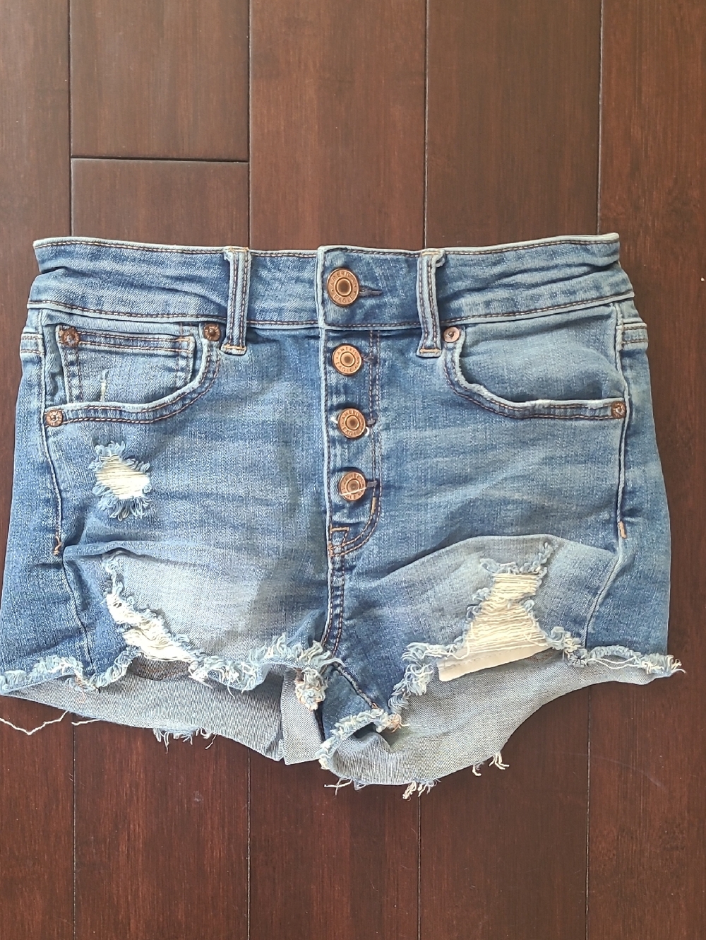 American Eagle Outfitters Distressed Light Blue Denim Button-Fly Shorts